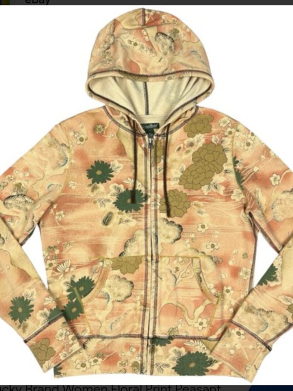 Vintage Lucky Brand Asian Floral Hoodie Sz Medium Full Zip Boho Earthy Artsy Y2K